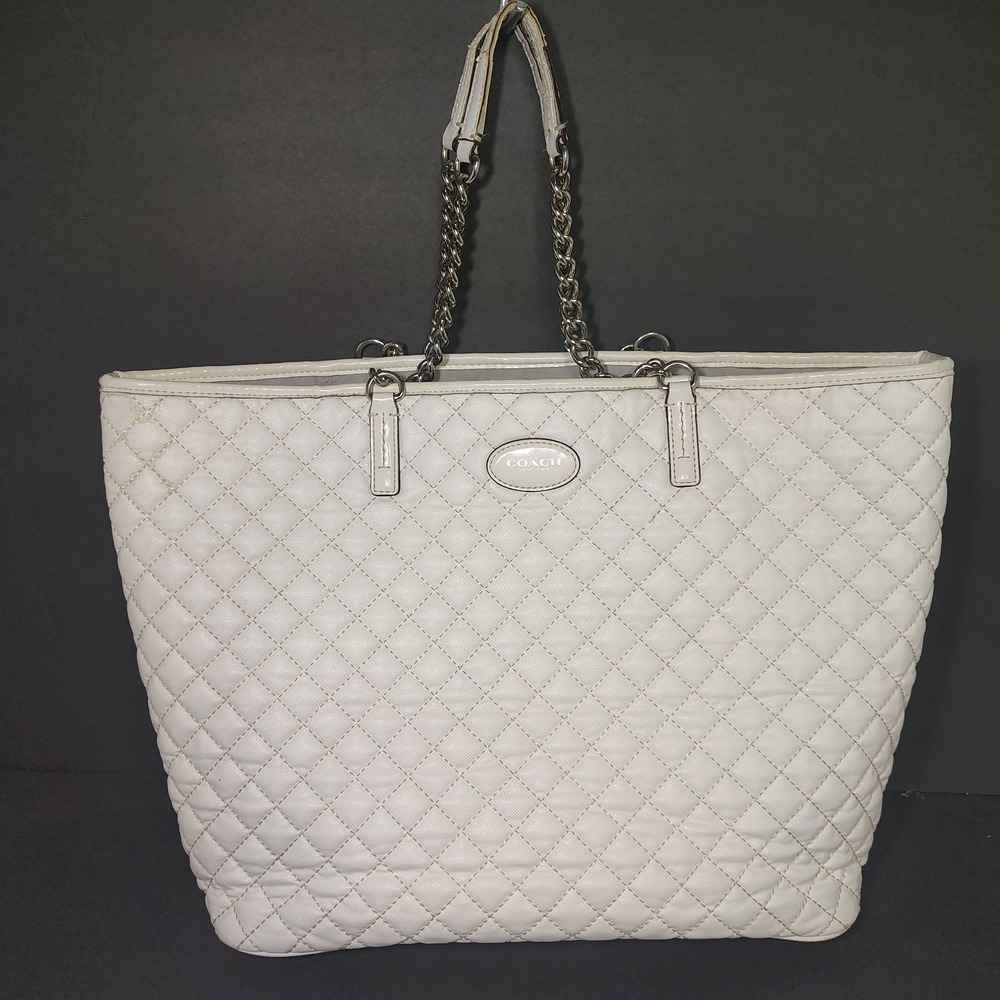 Vintage 2008 Coach 80H2A White Quilted Tote Women's Purse Bag Chain Restored
